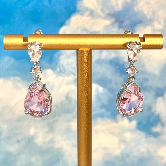 Pink Raindrop Chandelier Earrings - CZ, Crystals - Picture 1 of 6